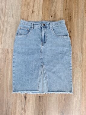 Light Blue Denim Midi Pencil Skirt with Front Slit